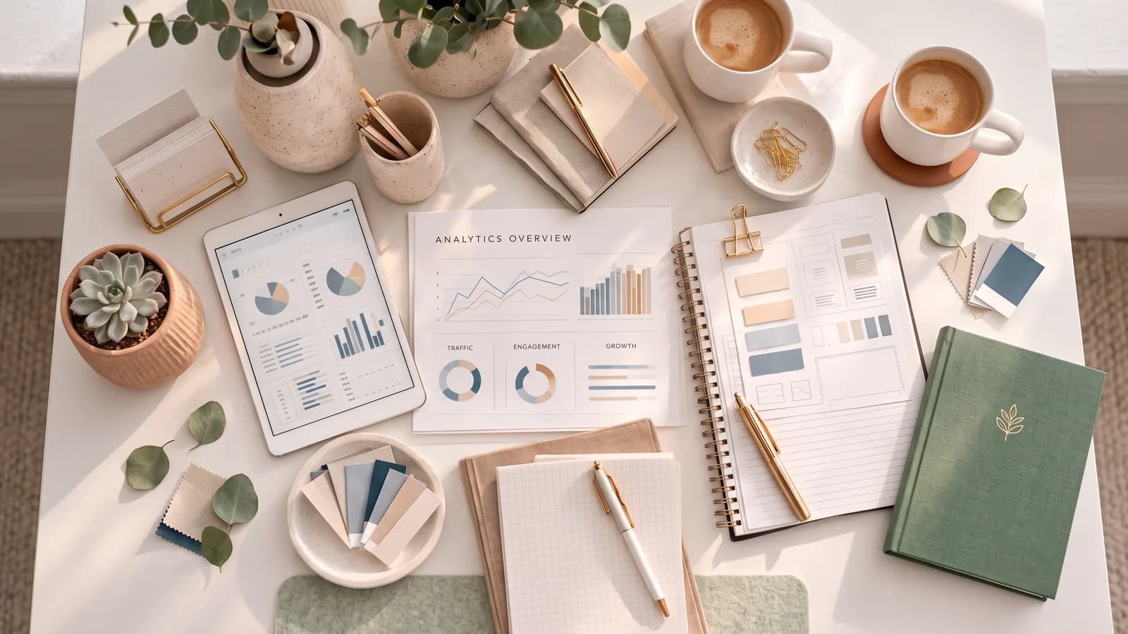 Overhead photo of a tidy desk with a tablet showing traffic and engagement analytics, a printed analytics overview report, notebooks and two coffees