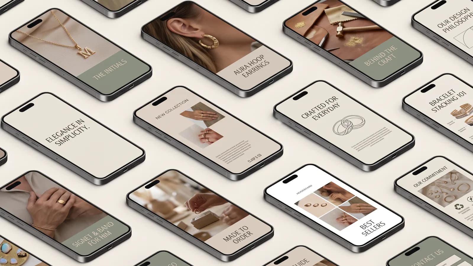 Grid of phone screens for a jewellery brand app showing rings, earrings, bracelets and behind the craft photos