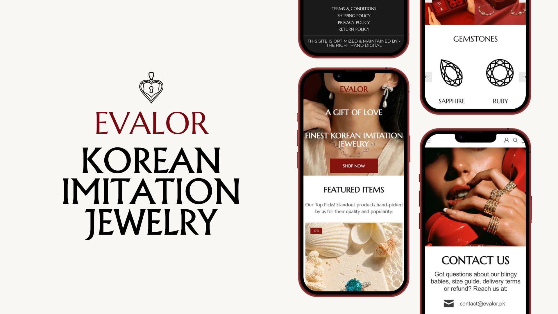 Evalor Korean imitation jewellery title next to phones showing the A Gift of Love banner, gemstones and contact page