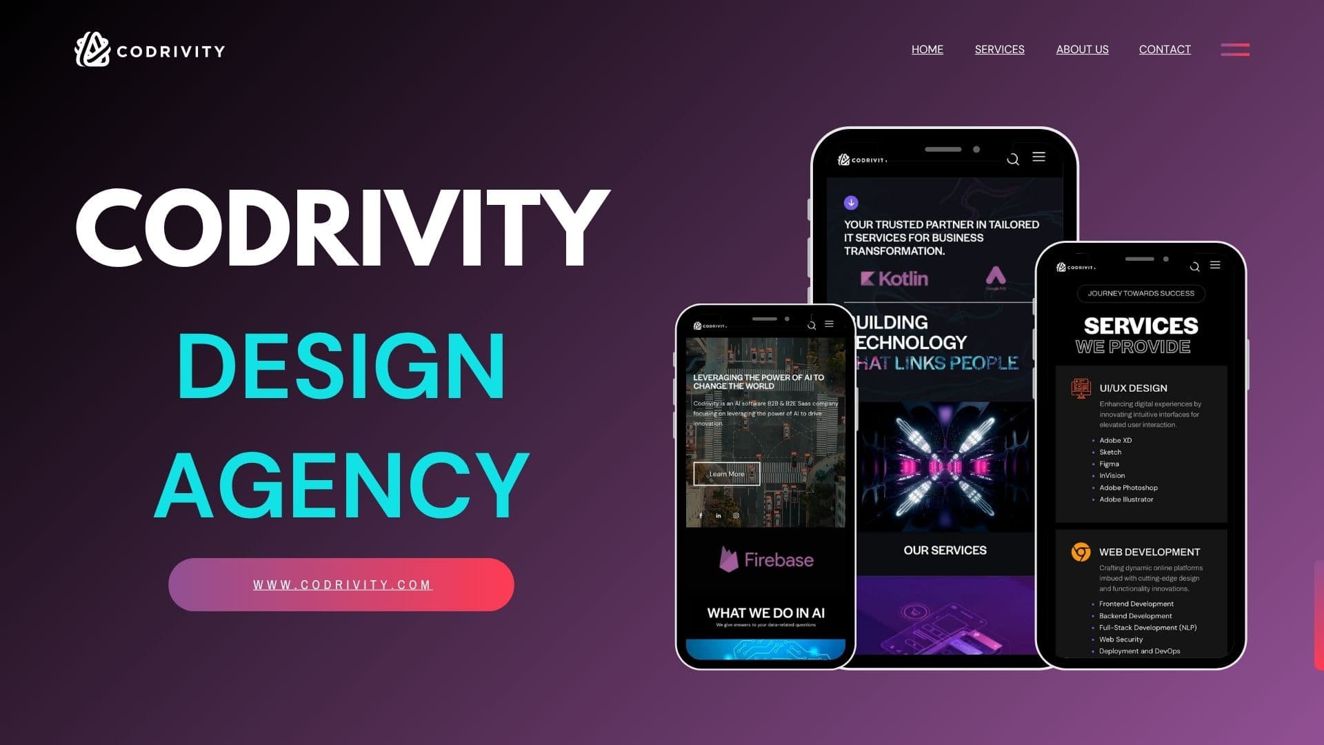 Codrivity design agency website shown on three phones, with the home page and services list